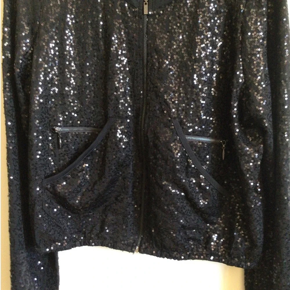 Kensie Women's Black Sequin Full Zip Bomber Jacket Size M - Picture 3 of 7